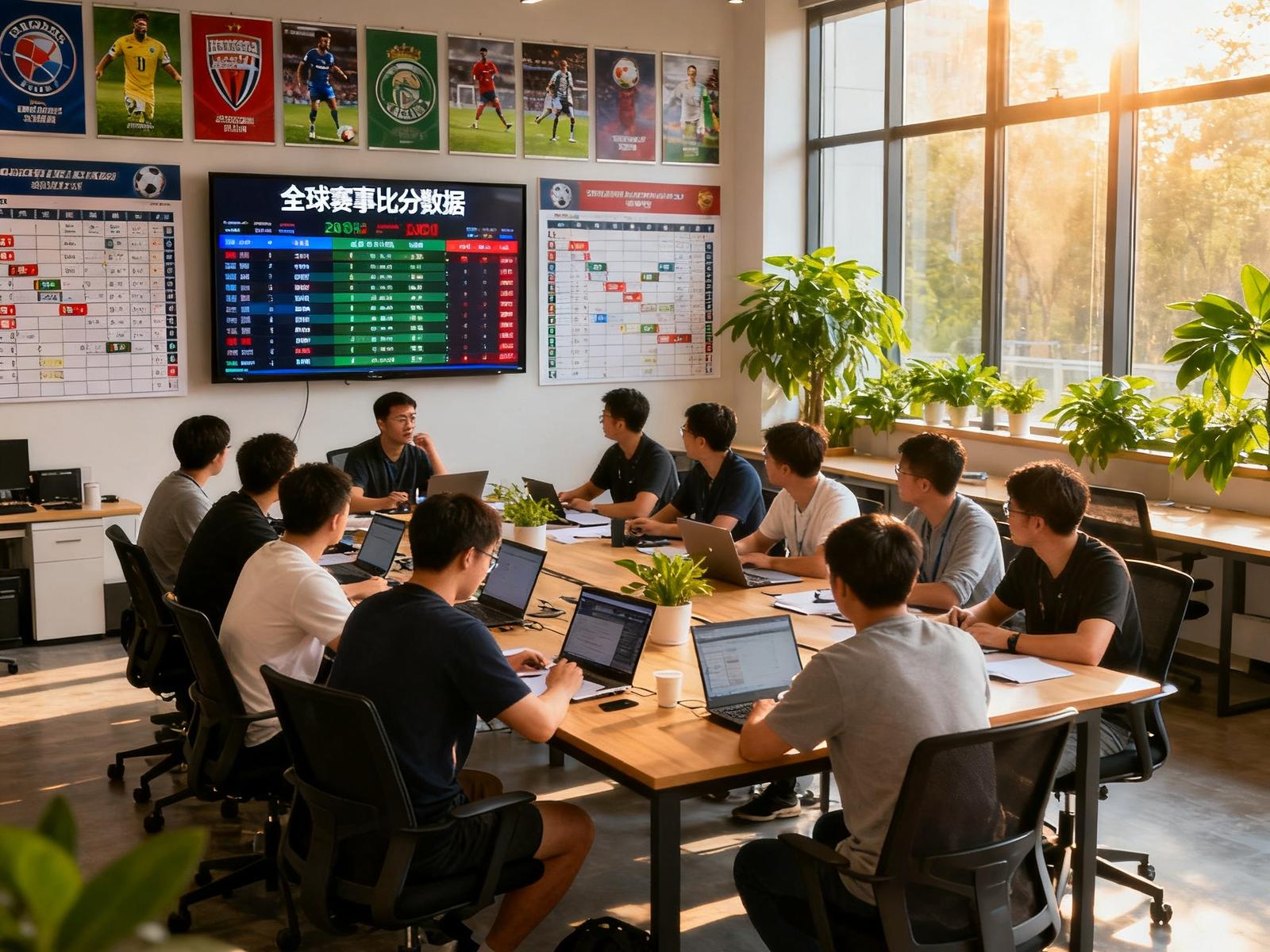 51直播开放式办公室内景，约30名员工在长桌前协作讨论，墙上挂满各大联赛官方海报和赛程表，中央大屏幕实时滚动显示全球赛事比分数据，阳光透过落地窗洒在绿植上