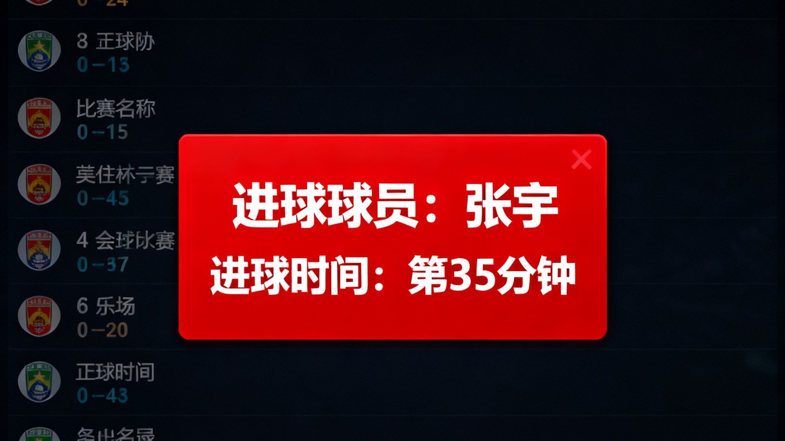 实时比分面板界面，左侧列出8场正在进行的比赛及其当前比分，其中一场比赛刚刚发生进球，屏幕中央弹出醒目的红色进球弹窗提醒，显示进球球员姓名和进球时间，背景为深色数据界面
